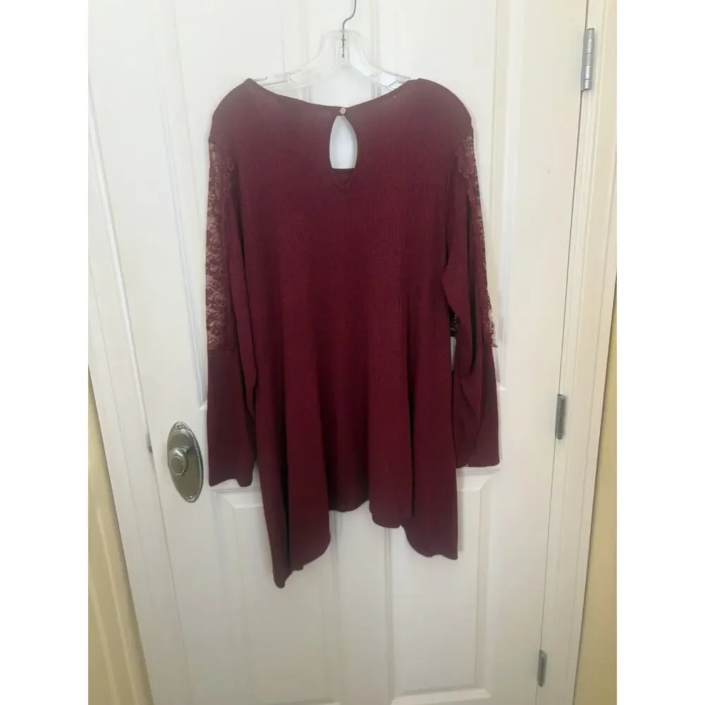 New Premise Large Ribbed Knit Lace Long Sleeve Tunic Top Women's Size XL